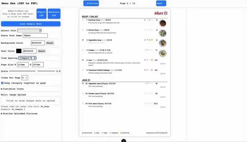 Editing dish names and prices inline