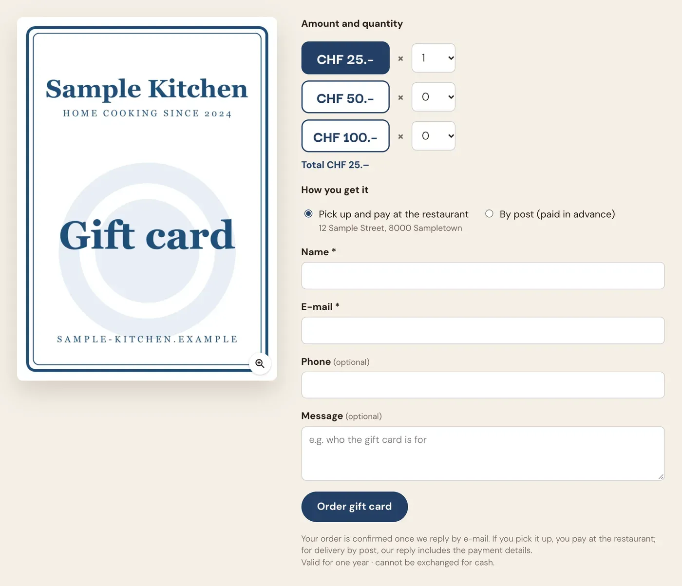 The gift card page: the card picture beside a form with amounts, pickup or post, name, e-mail and an order button