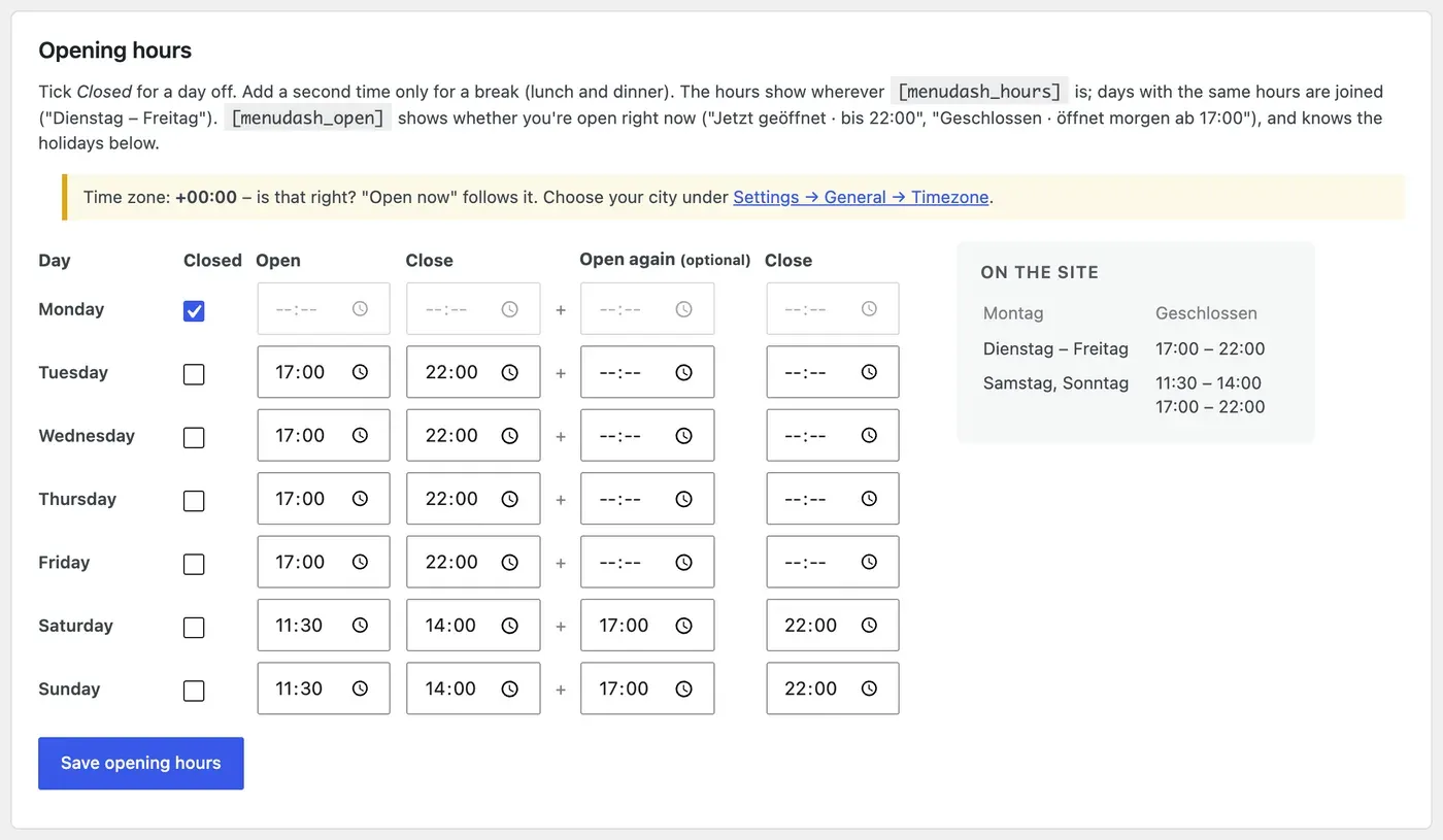 The opening hours form: time pickers per day, and a preview of how the hours read on the site