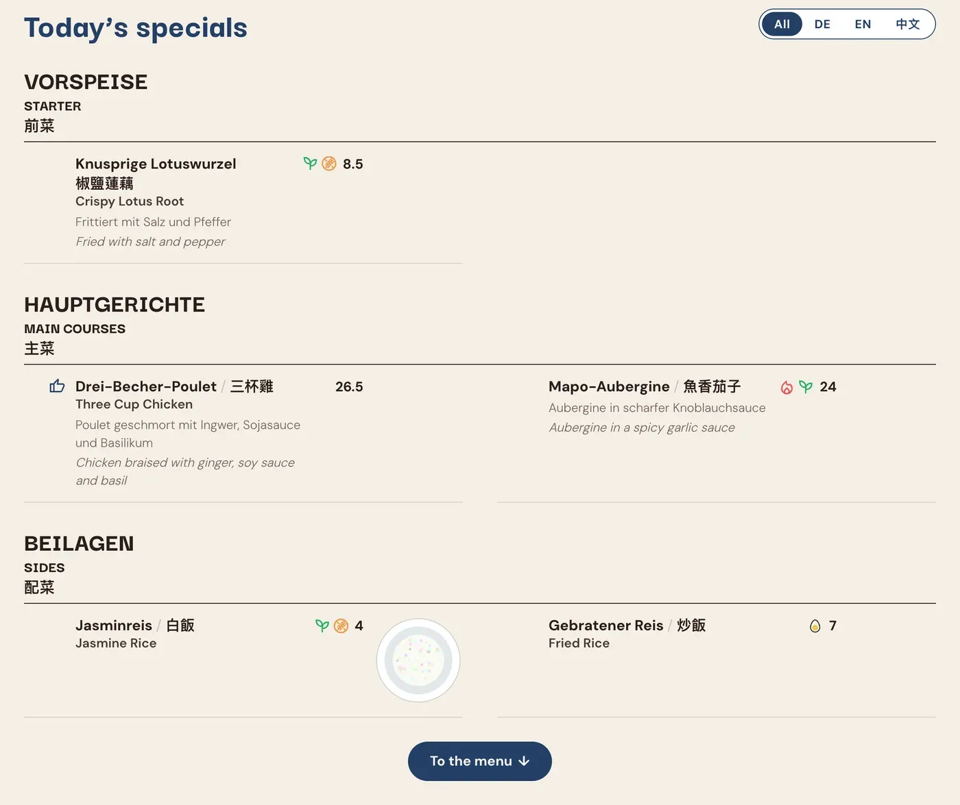 Today’s specials on the site: starters, main courses and sides in German, English and Chinese, with diet marks and prices