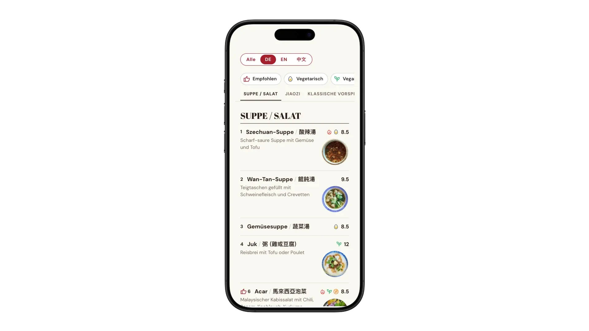 A Fatt’s menu on a phone: language switch, diet filters, category tabs, and dishes with German and Chinese names, prices and photos