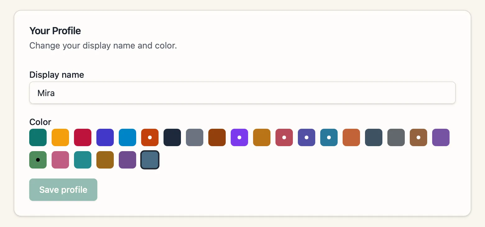 The colour picker, with the shades already taken by a colleague marked