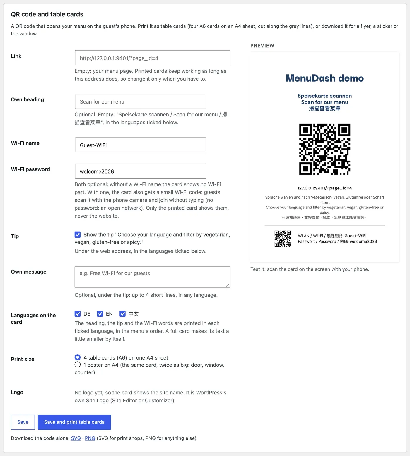 The QR code tab: fields for the link, heading and Wi-Fi, and a live preview of the table card