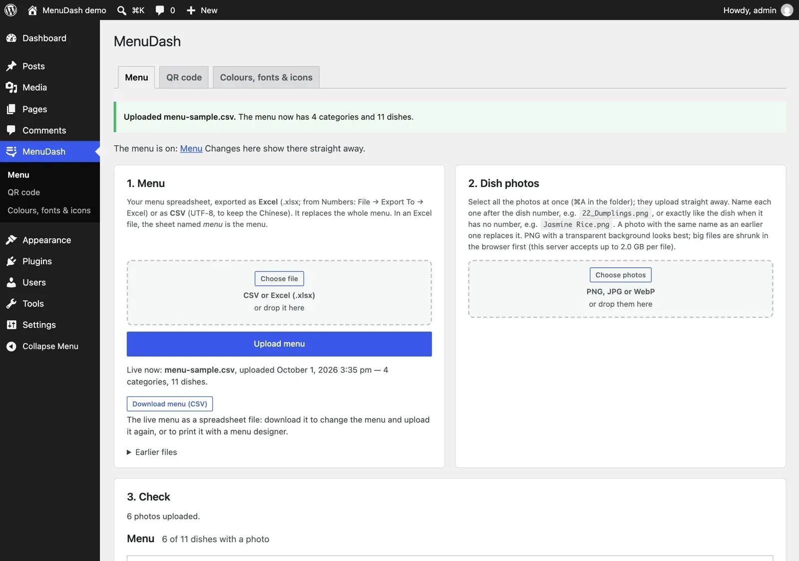 The MenuDash page in the WordPress dashboard after an upload: a confirmation, the menu and photo upload boxes, the Download menu (CSV) button, and the check list of dishes