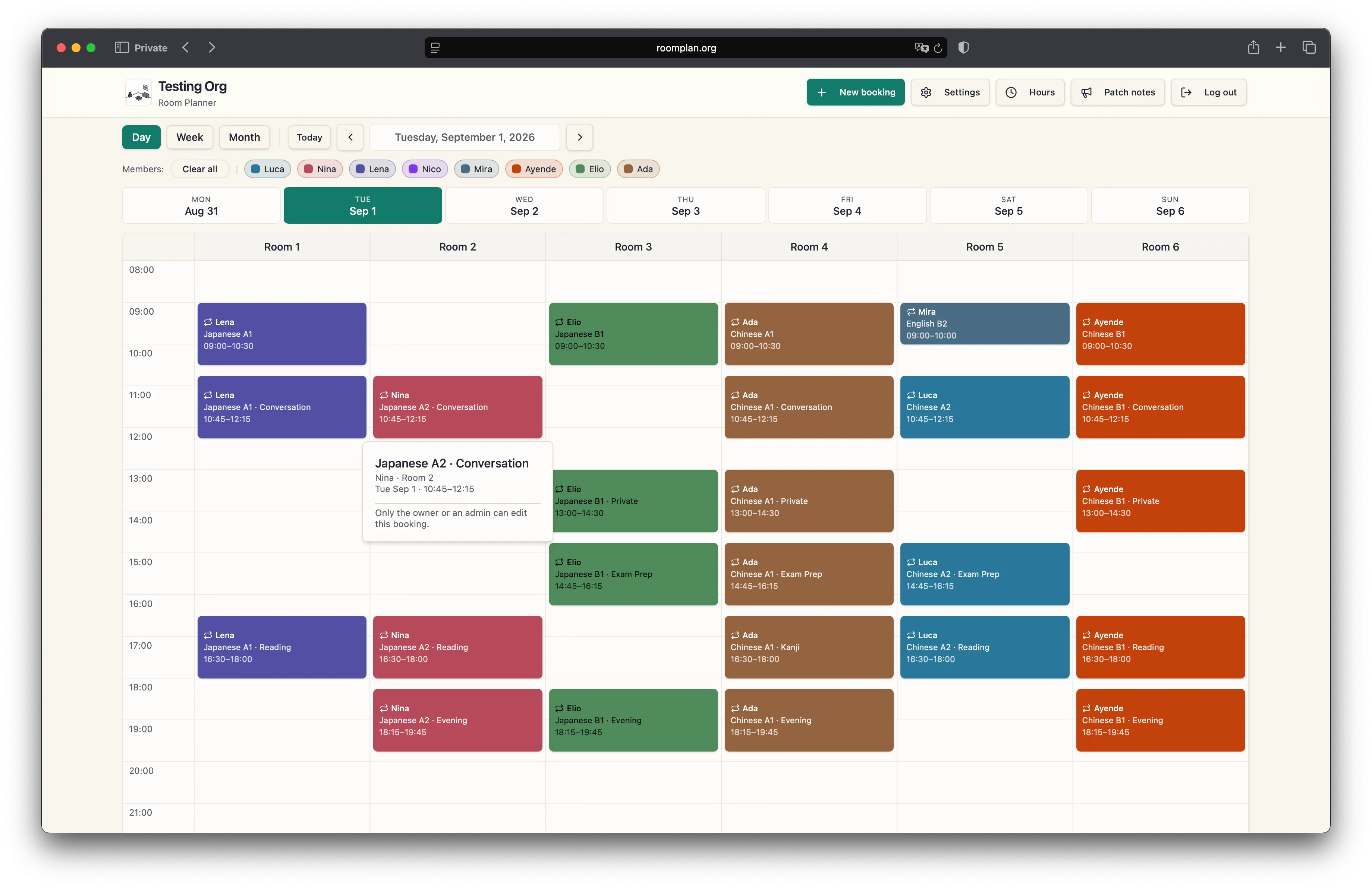 The same teacher opening a colleague’s lesson, where the app answers “Only the owner or an admin can edit this booking”