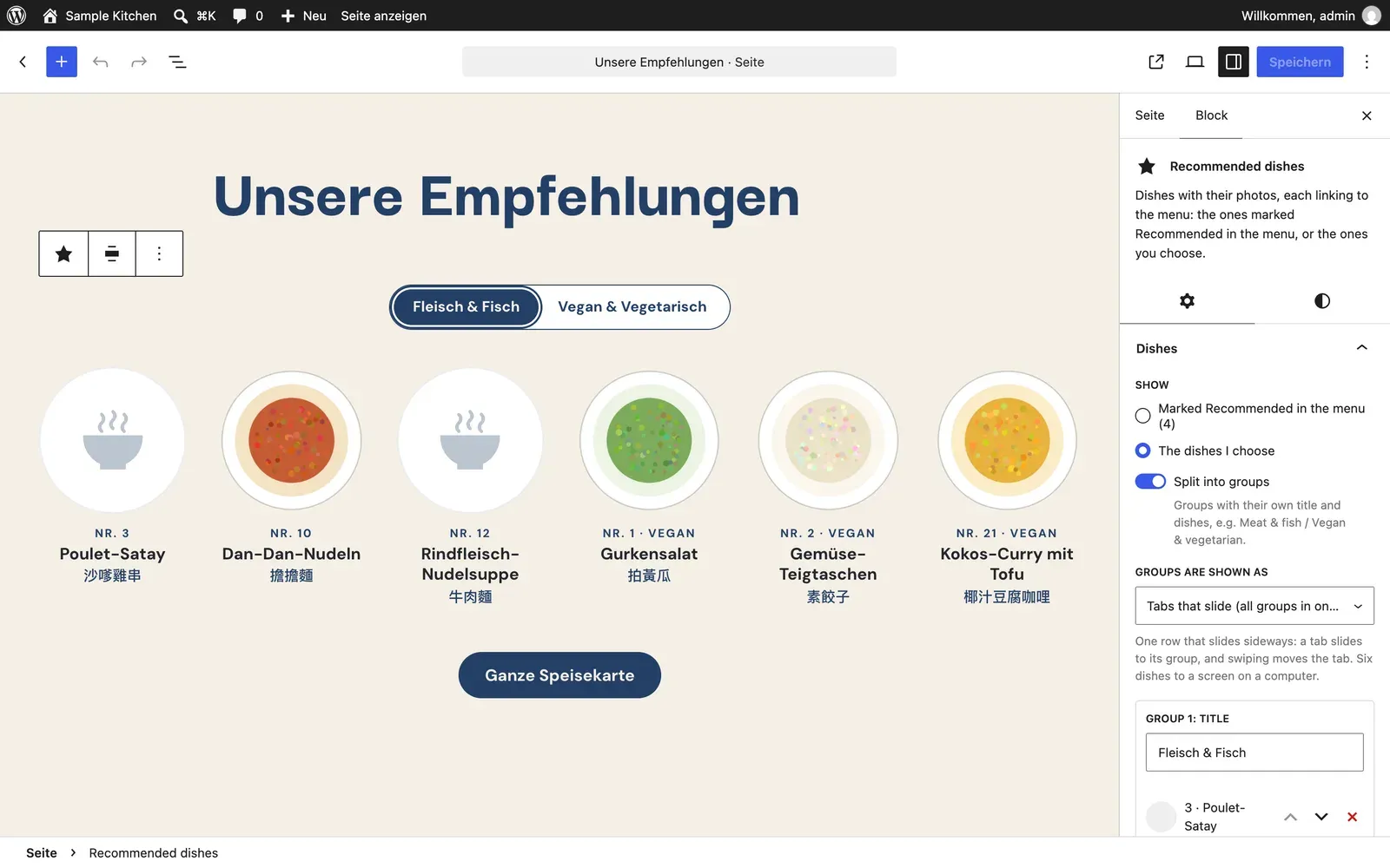 The Recommended dishes block in the page editor: tabs for meat and fish or vegan and vegetarian, a row of dishes with photos and names in German and Chinese, and a button to the whole menu