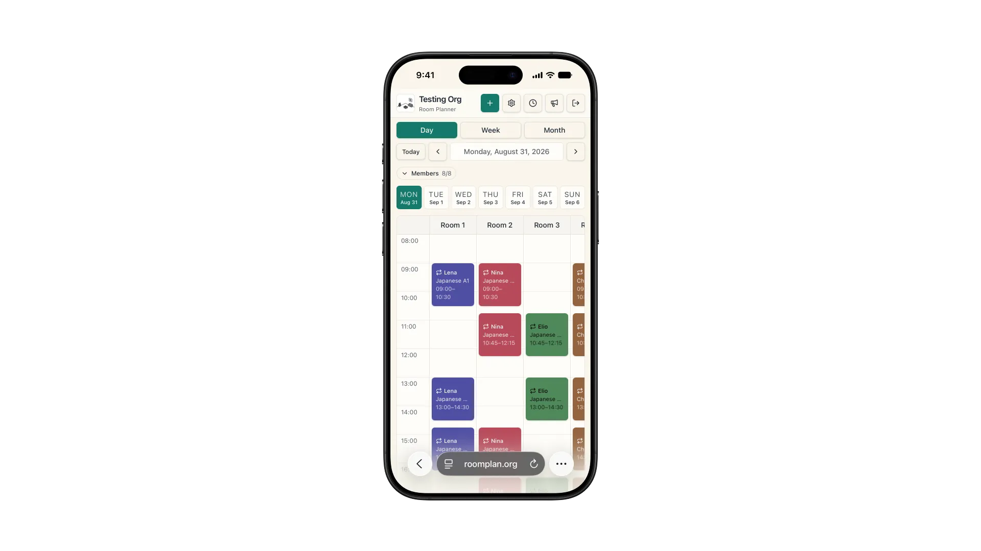 The same schedule on a phone, six rooms wide and scrollable