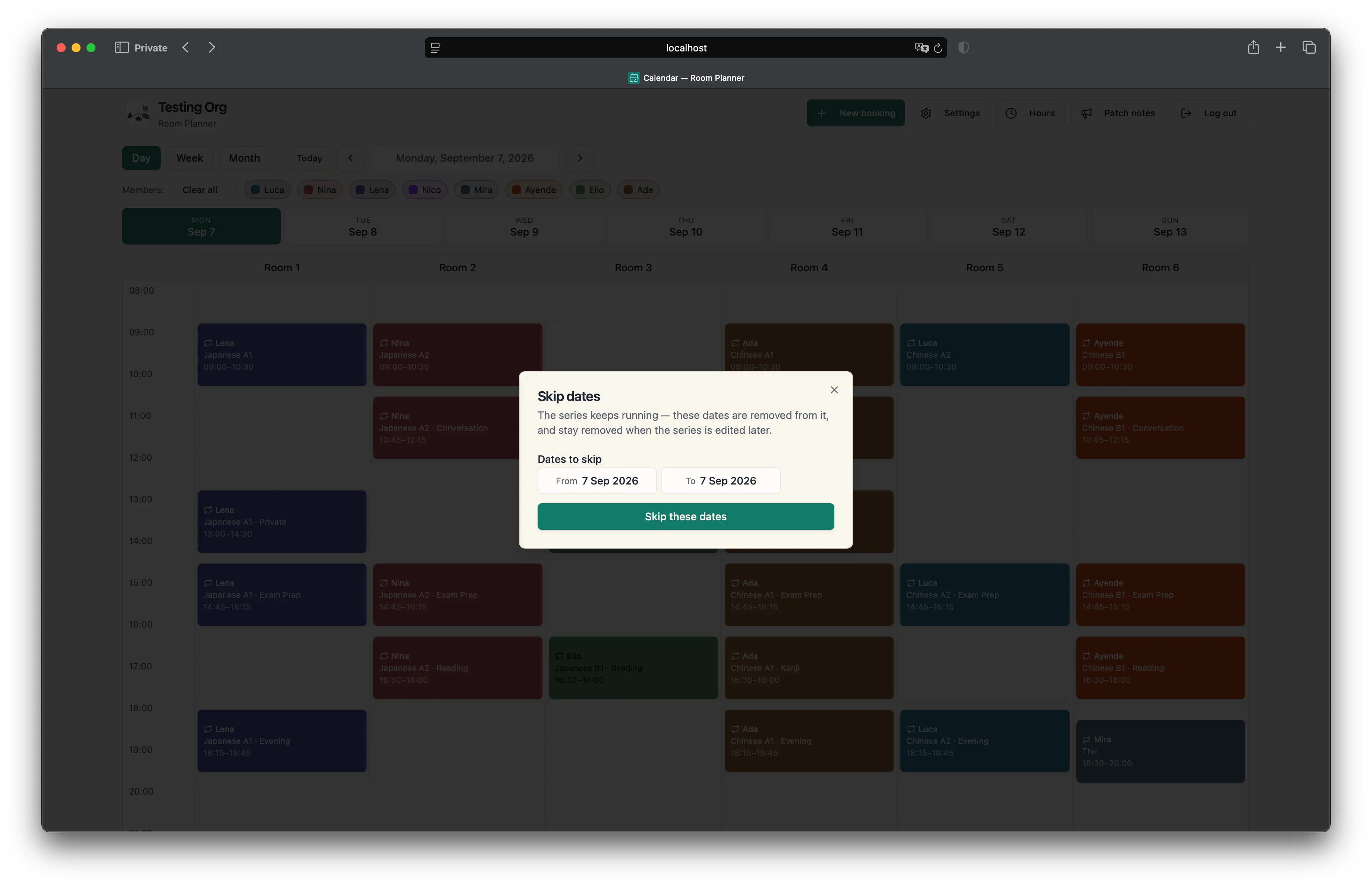 Skip dates open over the day view, where the app says the series keeps running and the dates stay removed when it is edited later
