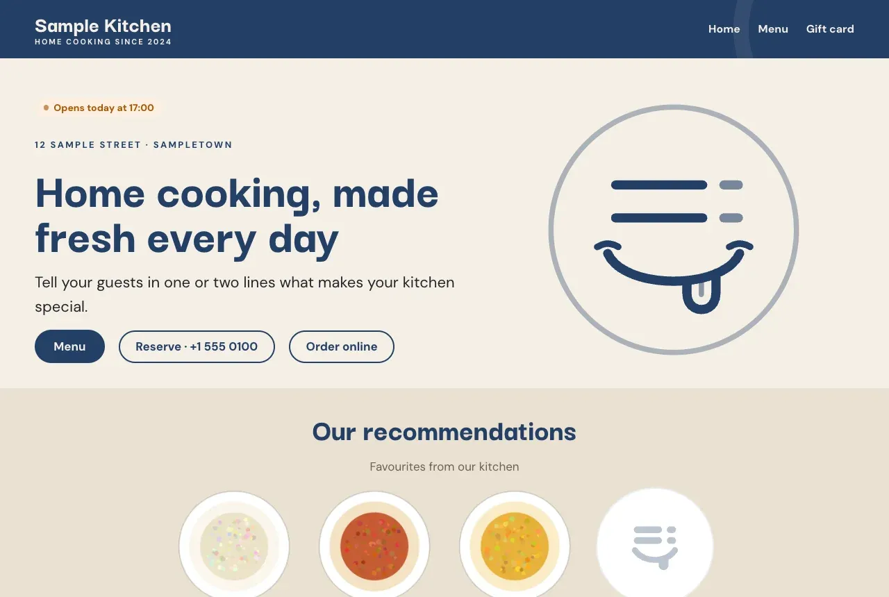 The MenuDash Theme home page with sample content: an “opens today” badge, the address, a headline, and Menu, Reserve and Order online buttons