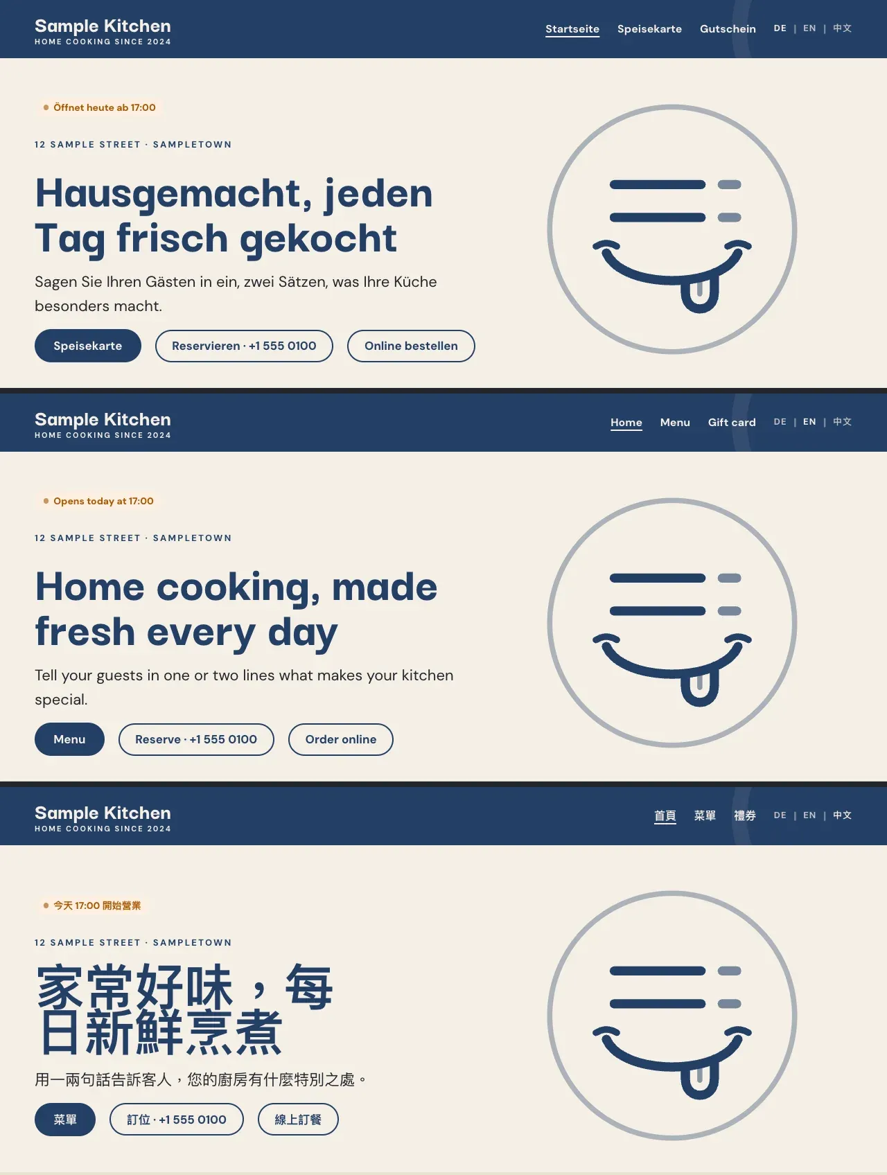 The MenuDash Theme home page in German, English and Chinese, each with its own navigation and a DE · EN · 中文 switch in the header