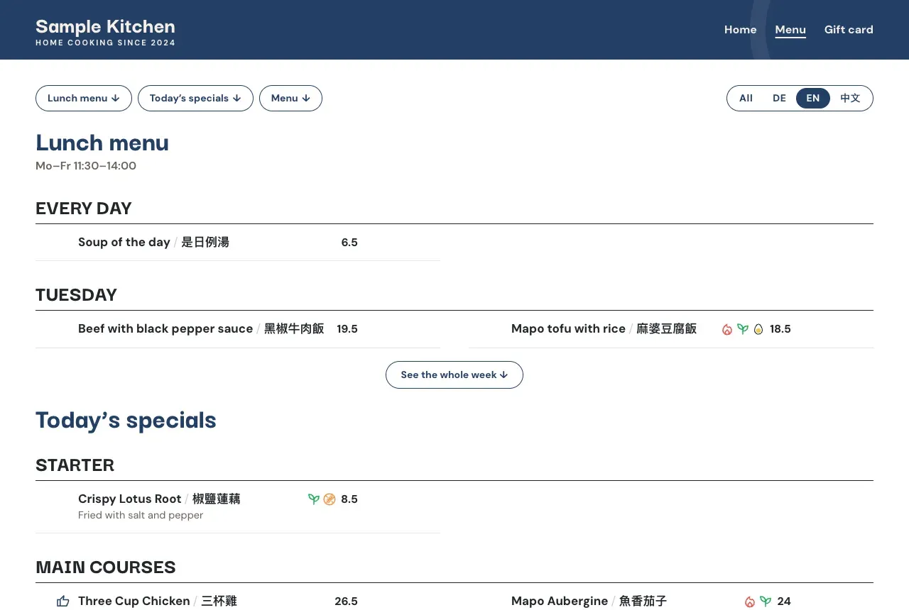 The theme’s menu page: jump buttons to the lunch menu, today’s specials and the menu, a language switch, and the lunch menu of the day